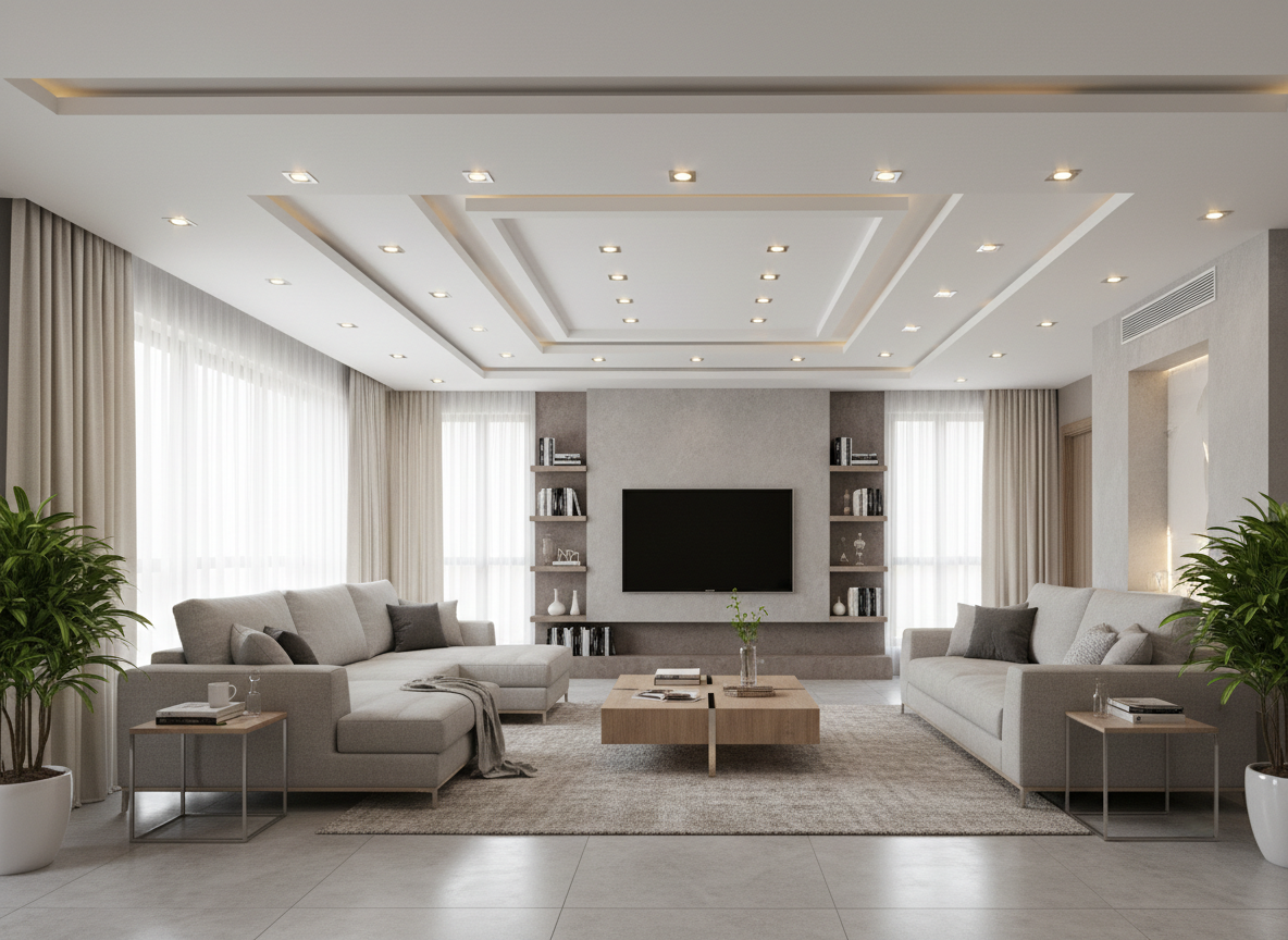 Faux plafond moderne avec spots encastrés dans un séjour rénové