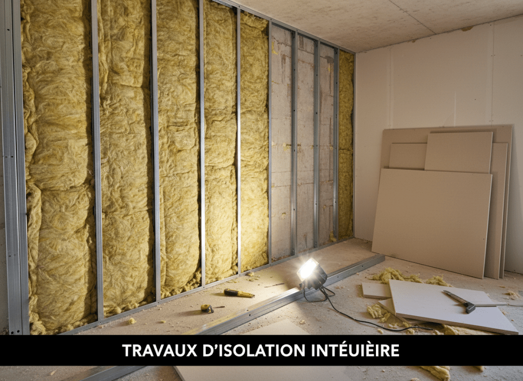 Travaux d isolation intérieure avec laine minérale derrière des montants métalliques avant pose de plaques de plâtre
